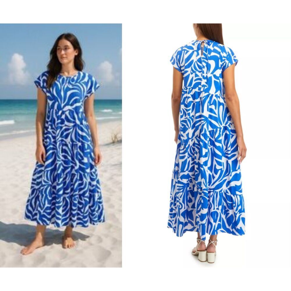 1. State Women Size M Blue Tiered Abstract Print Maxi Dress Vacation Resort Boho